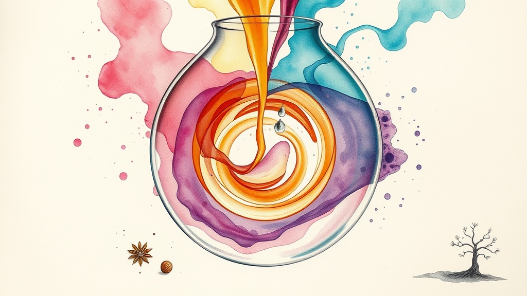Mixing — generalized — three pigment streams (saffron, magenta, teal) pour into a glass vessel and swirl into a vortex whose colors spill beyond the hull; small motifs around the beaker — star anise, walnut, a branching tree, splashes of pigment — hint at the recurring domains (taste, chemistry, fluids, color, audio, probability, ML, language).