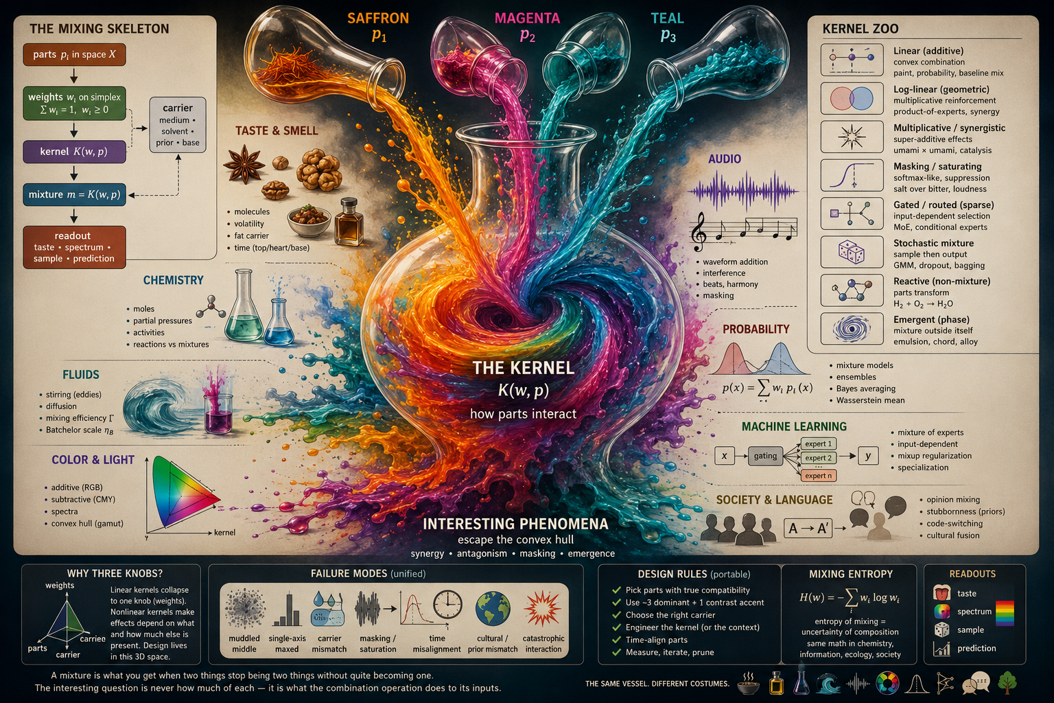 Mixtures — three pouring vessels (saffron, magenta, teal) merging into a single central kernel K(w,p), surrounded by domain panels: taste & smell, chemistry, fluids, color & light, audio, probability, machine learning, society & language; with a kernel zoo (linear additive, log-linear geometric, multiplicative synergistic, masking saturating, gated routed, stochastic mixture, reactive non-mixture, emergent), why-knobs, failure modes, design rules, and a mixing-entropy readout.