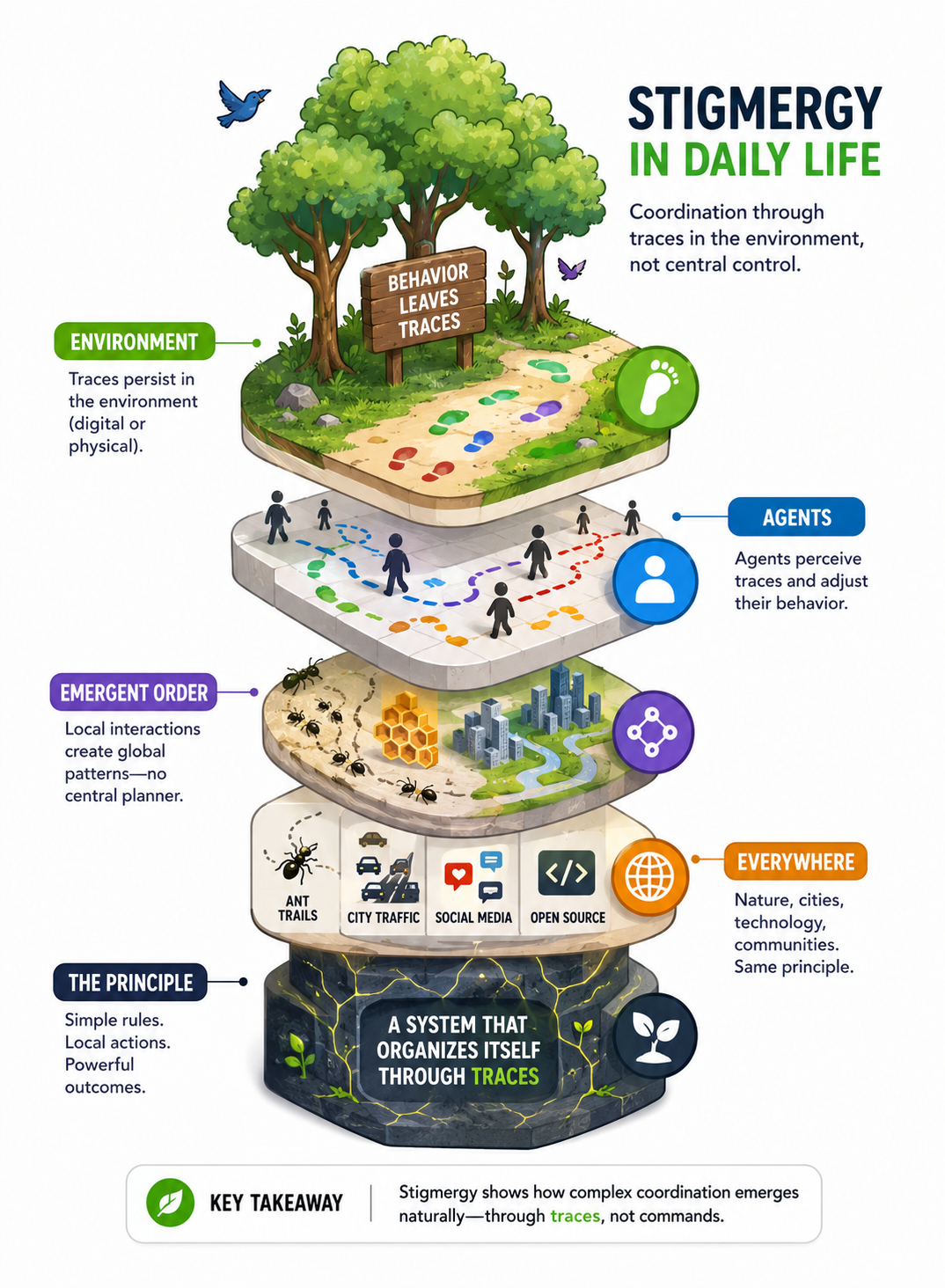 Stigmergy in daily life — a layered cross-section: environment leaves traces, agents perceive and adjust, emergent order without a central planner, the same principle from ant trails to social media to open source.